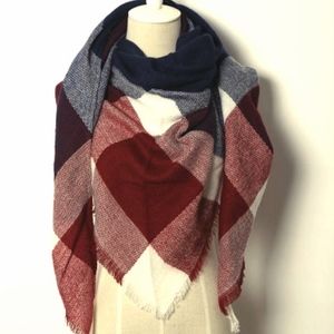 Red, White and Blue Plaid Blanket Scarf, Triangle